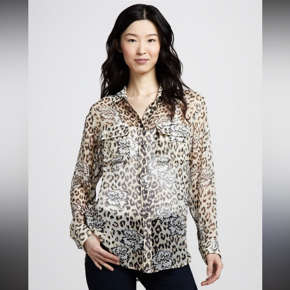 Equipment Femme Silk Floral Leopard Print Button-Up Sheer Blouse Size Small
